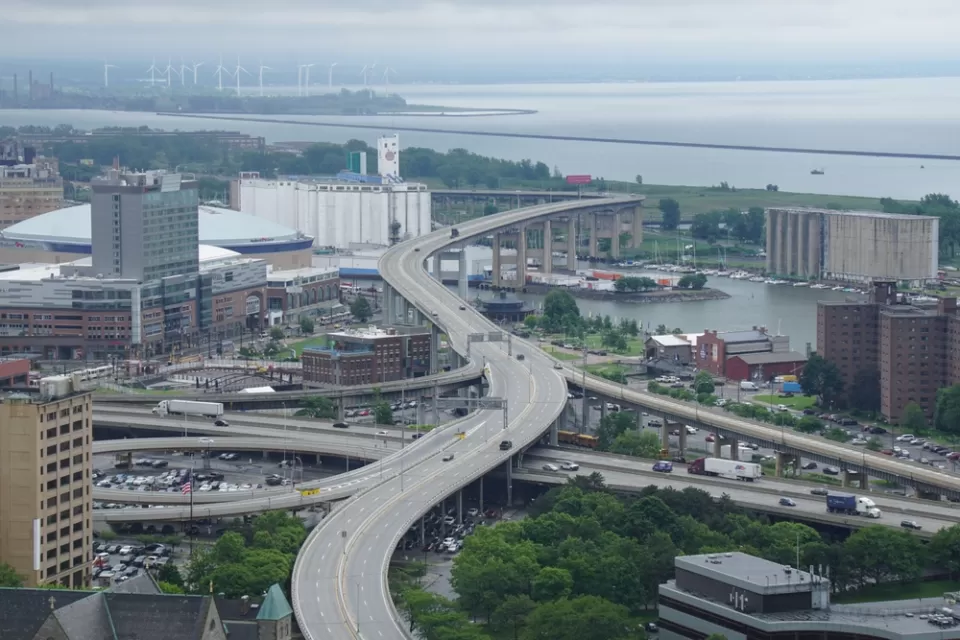 Aerial view of elevated Buffalo Skyway freeway in Buffalo, New York